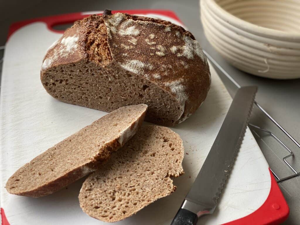 Wholewheat and Einkorn Sourdough loaf sliced