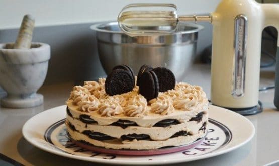 Icebox cake on a large white plate