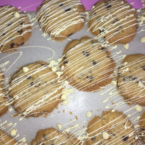 Chocolate Chip Cookies with a white chocolate drizzle Traditional