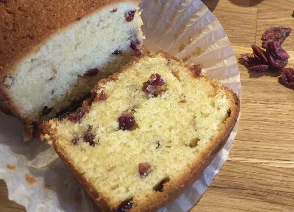 Slice of Cranberry and Almond loaf.