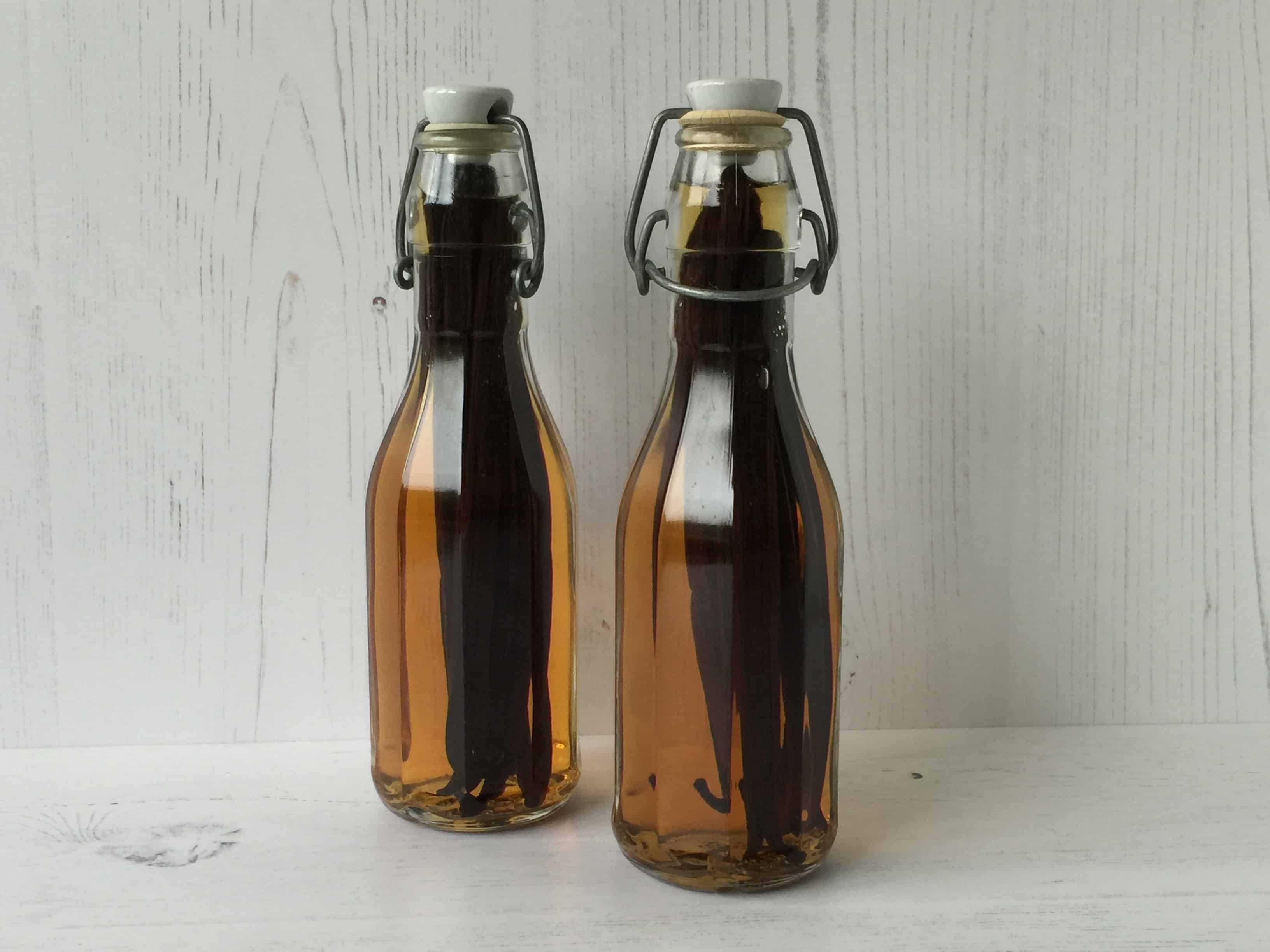 Vanilla Extract in 2 glass bottles.