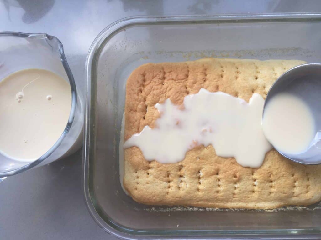 Milk and sponge cake in a dish