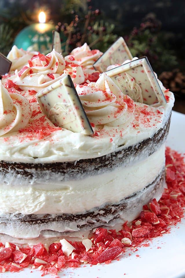 Chocolate cake with Peppermint buttercream and white chocolate peppermint squares