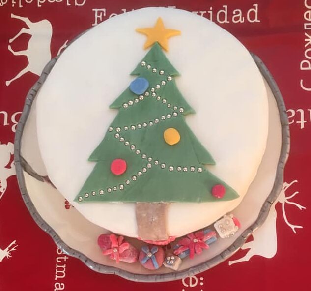 Fondant covered cake with fondant Christams tree