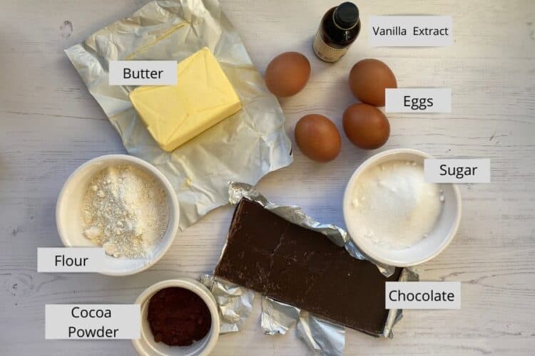 Ingredients for an easy chocolate tray bake displayed on a styling board