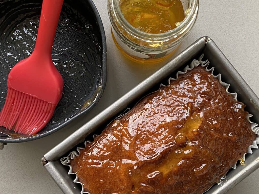 Glazed Orange Cake (orange quickbread recipe) in the tin