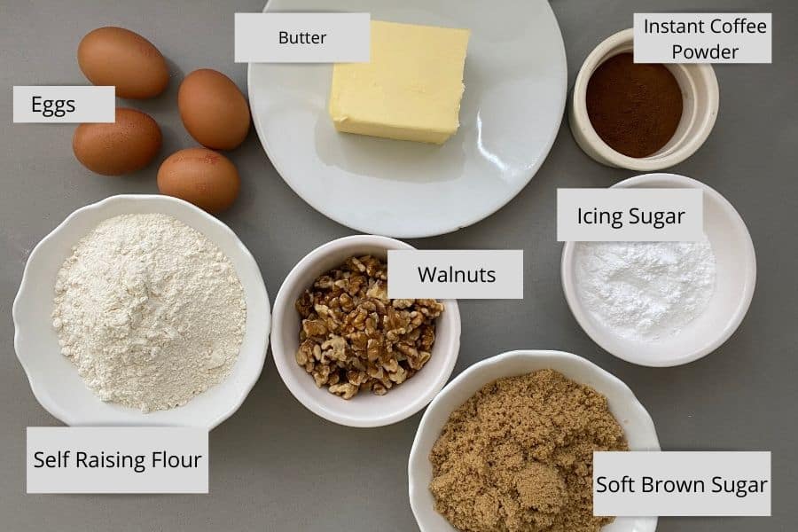 Coffee Walnut Cake Ingredients in white dishes