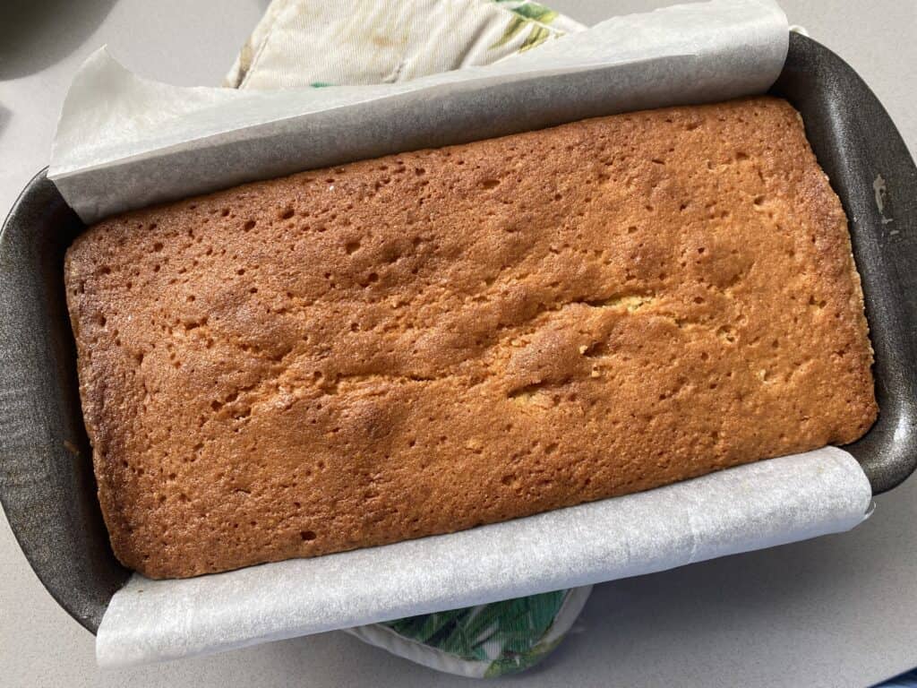 Baked cake in a 2lb loaf tin.