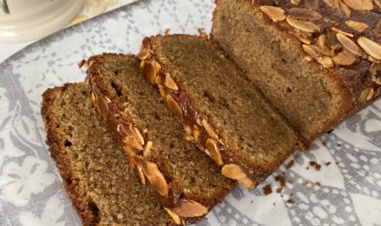 Close up of slices of cake on a grey plate