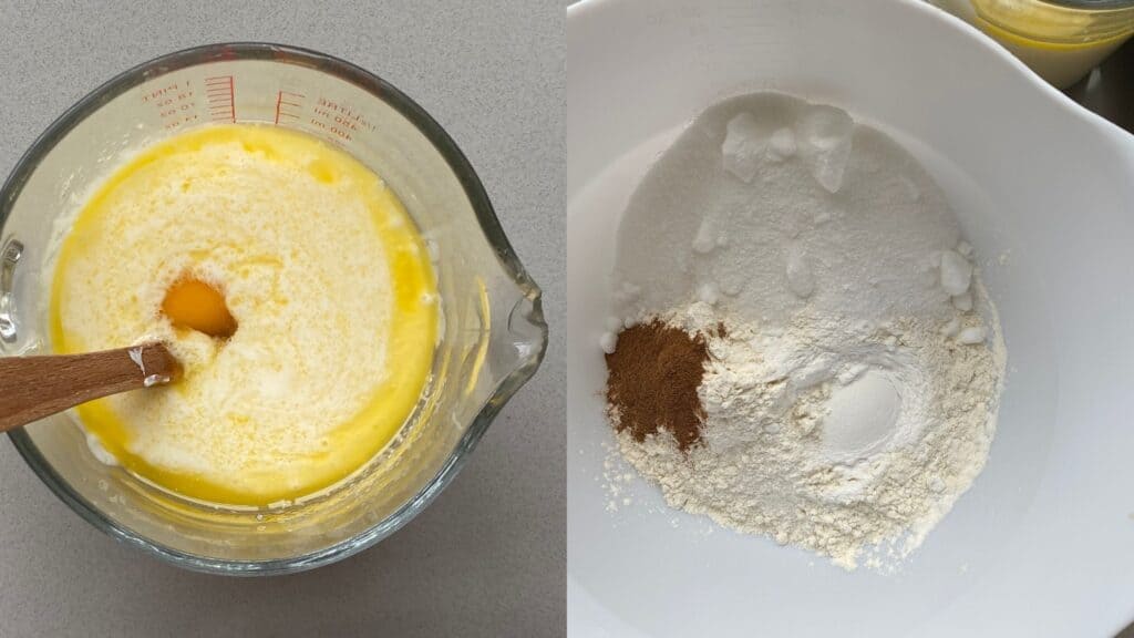 wet ingredients: melted butter, egg, buttermilk and milk in a jug. Dry ingredients in a bowl.