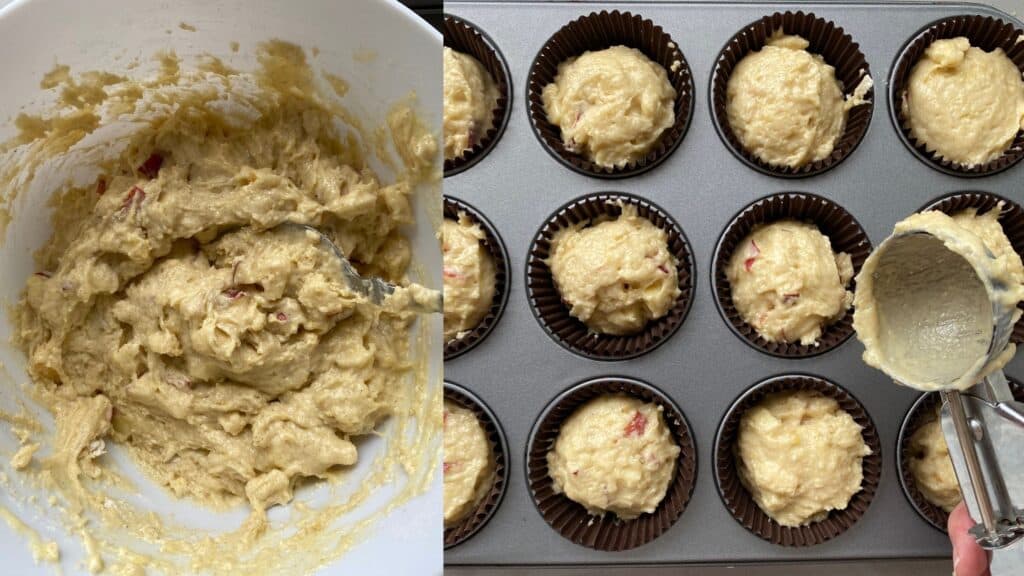 cinnamon apple muffin batter being scooped into muffin tin with an ice cream scoop