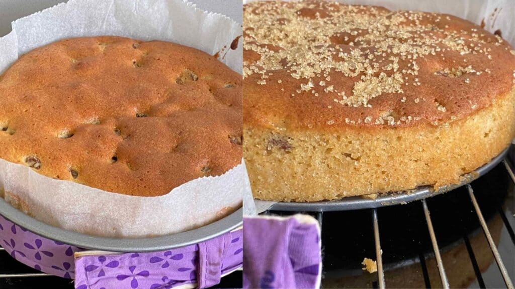 Collage of a baked cake on a baking rack cooling down.