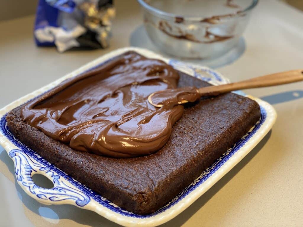 Chocolate cake on a blue plate