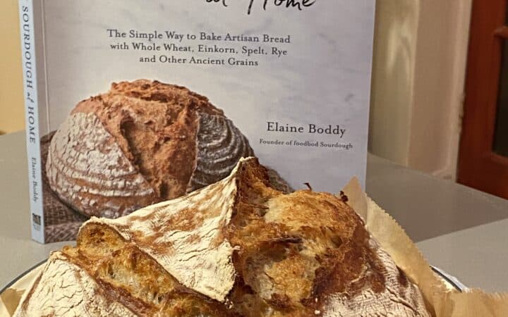 Sourdough Cook book by Elaine Boddy, with a baked loaf in a baking tin