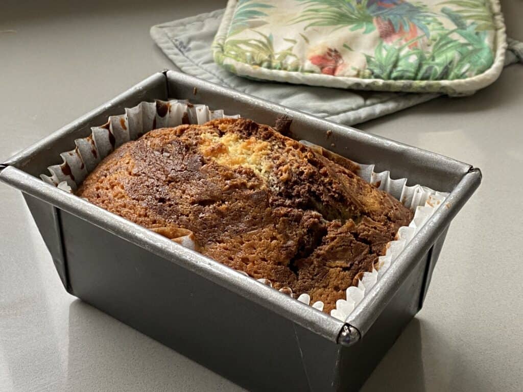 Baked Marble Cake in a loaf tin.