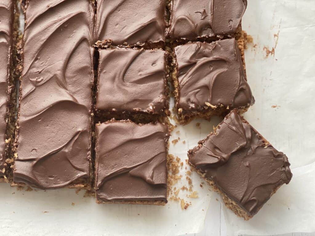 Coconut Chocolate Squares cut into slices