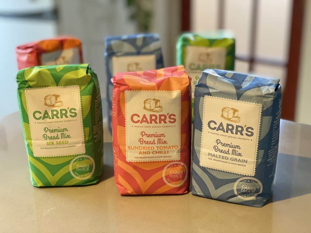 packets of Carrs Bread Mixes on a counter top