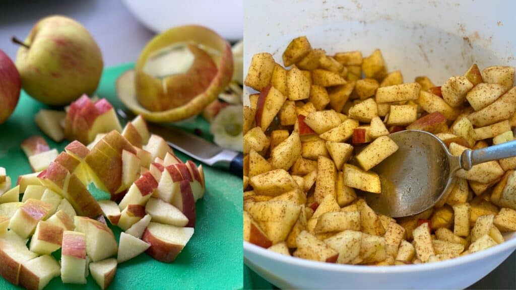 Collage of chopped apples in a mixing bowl and on a green chopping board