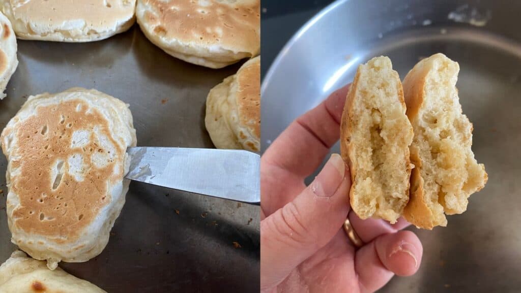 Pancakes in a pan and a hand holding one of them to show how thick and soft they are