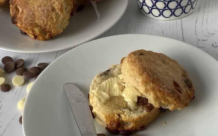 Buttered Chocolate Chop Scone on a white platescone