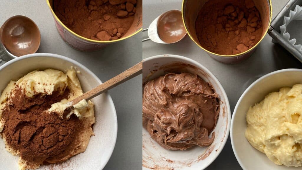 Bowls of chocolate and Vanilla Cake batter.