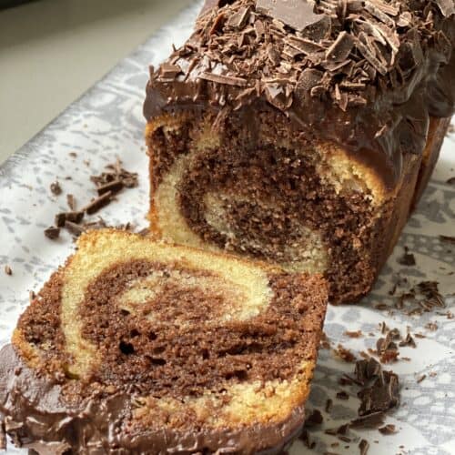 Chocolate marble Cake with a slice cut out