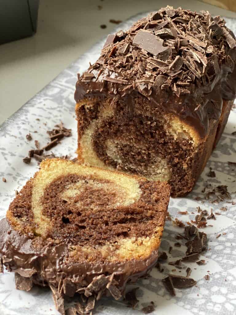 Chocolate marble Cake with a slice cut out