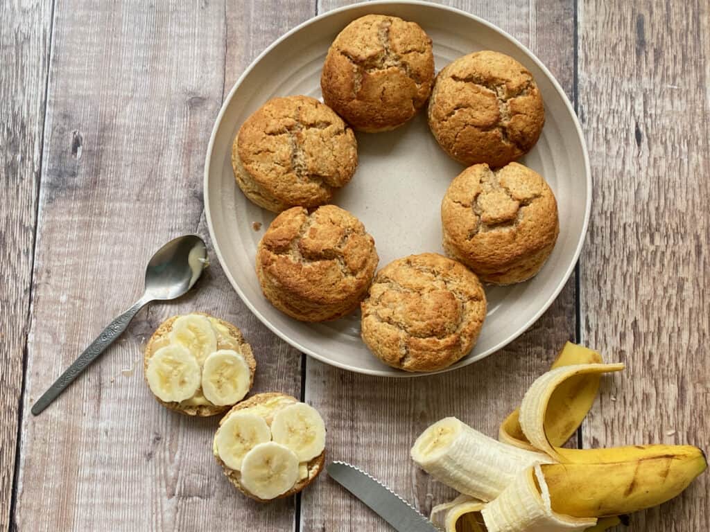 Plate of scones with slices of banana