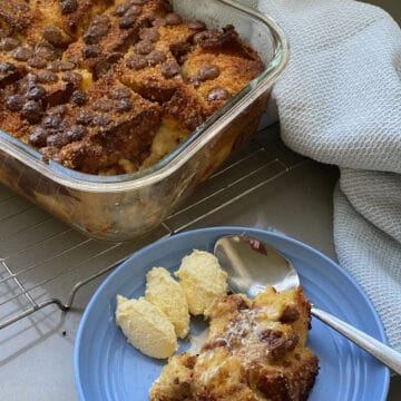 Serving of Pandoro Choc Chip Bread & Butter Pudding