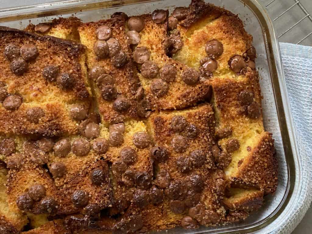 Step by Step instructions for making Pandoro Choc Chip Pandoro Bread and Butter Pudding in a glass baking dish