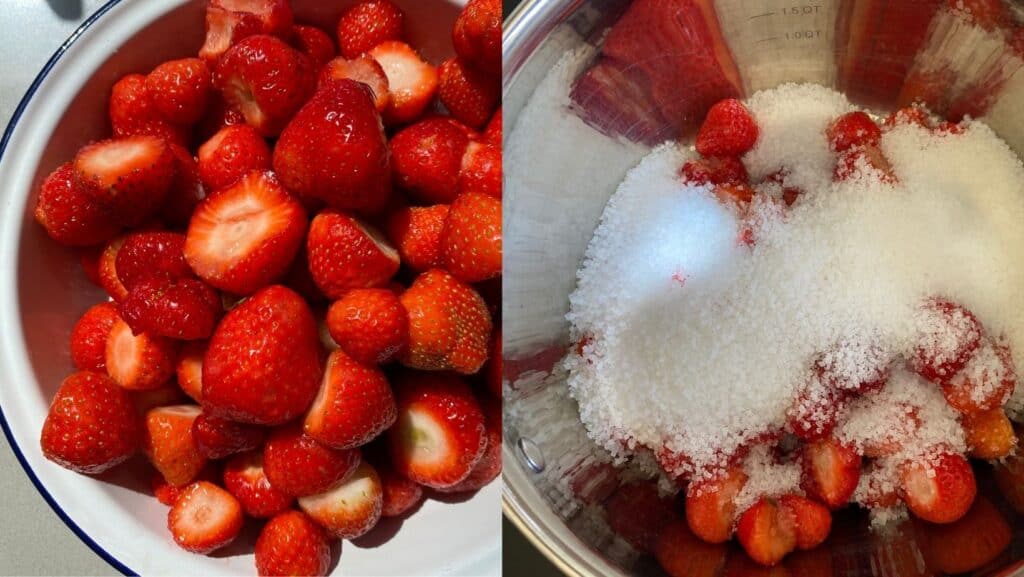 Preserving sugar and strawberries in a pan