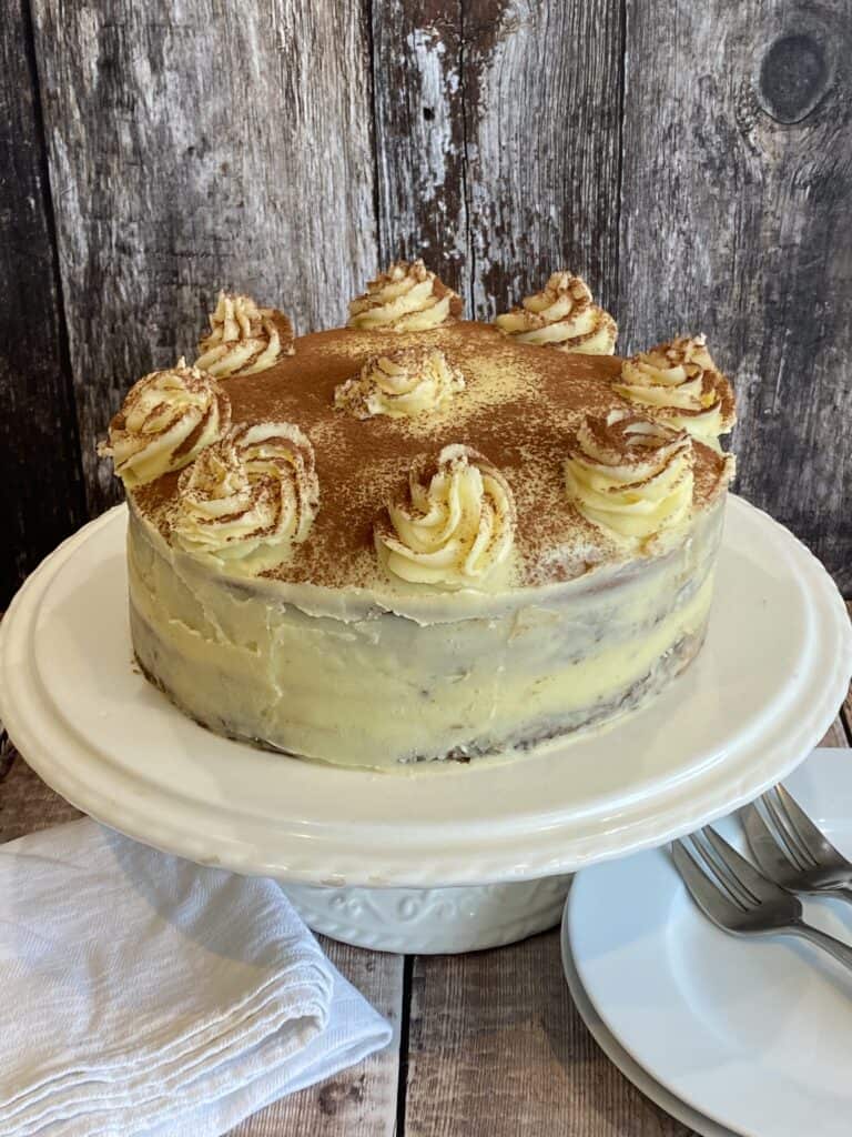 White Chocolate Mocha Cake on a cake stand