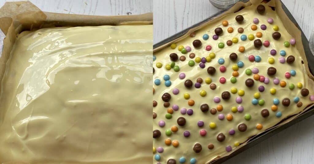 White Chocolate Traybake covered in chocolate and candy 